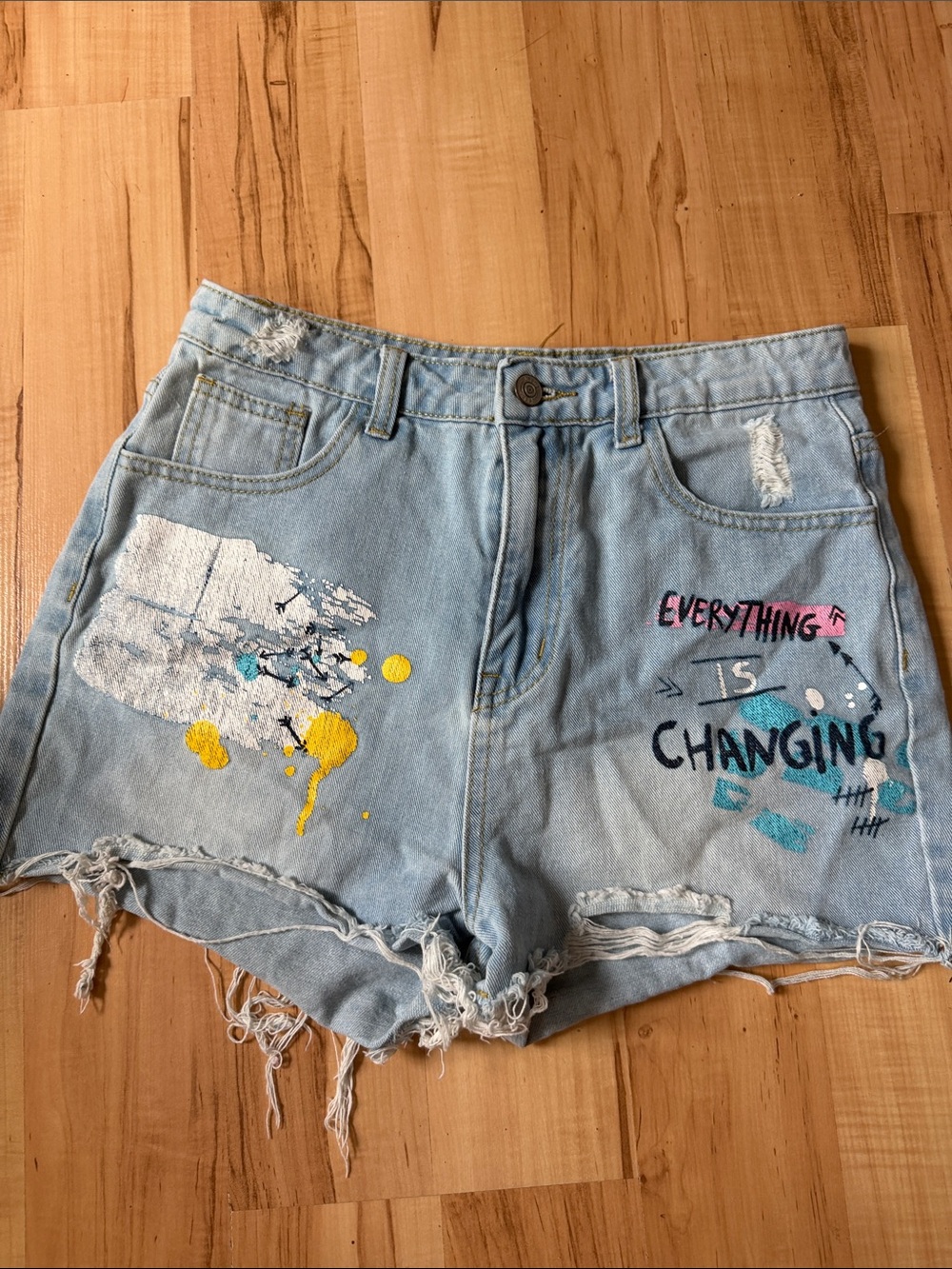 SHEIN Light Blue Distressed Denim Shorts with Colorful Paint Graphics